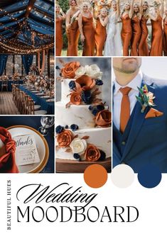 wedding mood board with orange and blue colors for the bride, grooms and guests