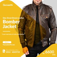 Glen Street Brown Leather Bomber Jacket For Men ABOUT: This unique Jacket is made of High-Quality Genuine SHEEP-SKIN Leather. Its leather is very glamorous that makes it very adaptable to wear on any occasion. The Jacket is professionally cut and stitched throughout as following International Standards. Great Choice for Casual & Parties. 100% Money-Back Guarantee. #TheLeatherFit #Leather_Jackets_For_Men #Leather_Jacket_For_Women Cool Suits, Tan Color