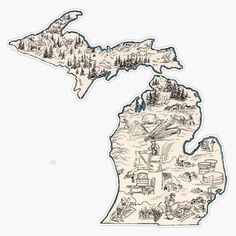 an illustrated map of the state of michigan in black and white with trees on it