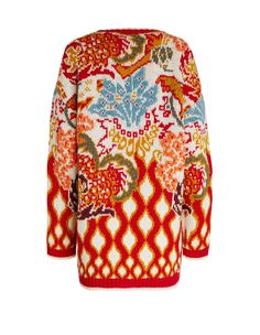 Etro women's oversized sweater made of a white alpaca and wool blend and embellished with an all-over multicolored floral ornamental jacquard motif. Model characterized by a crew neck, long sleeves, straight hem and ribbed profiles. Composition: 94% Wool , 2% Alpaca , 2% Acetate , 2% Nylon Designer Wool Jacquard Knit Sweater, Wool Jacquard Knit Long Sleeve Sweater, Winter Multicolor Jacquard Knit Cardigan, Oversized Multicolor Jacquard Knit Sweater, Fitted Multicolor Jacquard Knit Sweater, Italian Textiles, Oversized Sweater Women, Sweaters Crewneck, Sweater Making