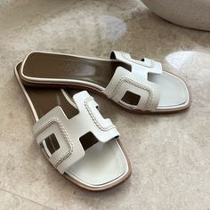 Beautiful White Limited Stitching Hermes Orans. Limited Style Hermes Oran, Hermes Shoes, Women's Shoes Sandals, Shoes Sandals, Sandals, Women Shoes, Color