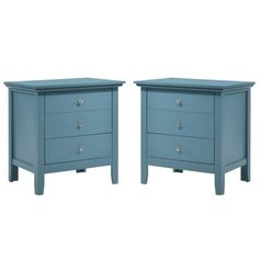 a pair of blue nightstands with drawers on each side and one drawer in the middle