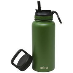 a green water bottle next to a black lid