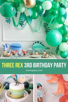 there is a birthday party with balloons, cake and dinosaur decorations on the table in front of it