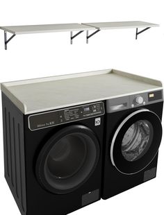 an image of a washing machine with shelves above it