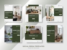 a set of social media post templates for furniture sale with green and white colors