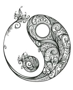 the yin symbol is made up of swirls and flowers, with butterflies flying around it