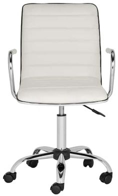 a white office chair with chrome legs and wheels on an isolated white background, viewed from the front