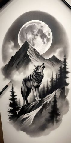 a drawing of a wolf standing on top of a mountain under a full moon with trees