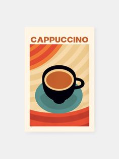 a cup of coffee with the words cappuccino on it in front of an orange and blue background