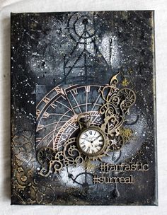 an altered photograph with a clock and words on the front, in black and gold