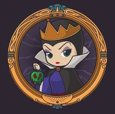 the evil queen is holding a skull in her hand and wearing a crown on top of her head