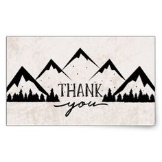 a thank card with mountains and trees in black ink on a white background that says, thank