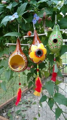 several colorful bird houses hanging from a tree