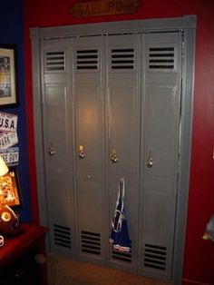 two lockers with flags on them in a room