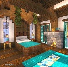 a bedroom in minecraft with a fireplace and bed