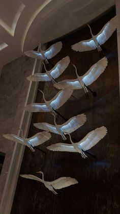 some white birds flying in the air near a wall and ceiling with lights on it