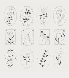 nine flower designs drawn in black and white on a sheet of paper, each with an individual's own design