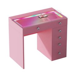 a pink desk with drawers and a mirror on the top that has buttons at the bottom