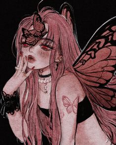 a drawing of a woman with pink hair and butterfly wings on her head, holding her hand to her face