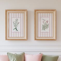 two framed pictures on the wall above a couch with pink and green pillows, in front of a striped wall