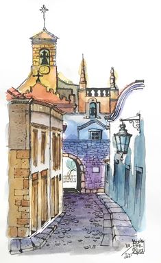 watercolor and ink drawing of an alleyway with clock tower in the back ground