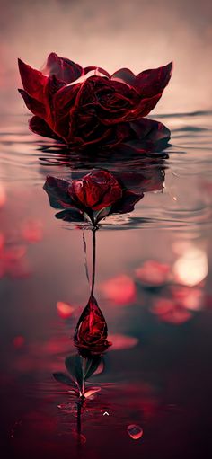 a red flower floating on top of water