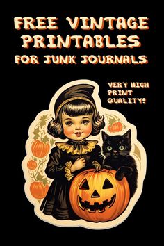 If you like digital vintage printables and ephemera in high quality, you can get them now for free on our website! We offer vintage patterns, cut-outs, cliparts, labels, tags, digital stationery and stickers from all eras! Retro art lovers will love this cute Halloween themed girl with a jack'o'lantern and black cat sticker printable. Ideal for junk journals, scrapbooks, art journals or any kind of crafting! When printed on white sticker paper, this printable transforms into a real sticker! Vintage Halloween Printables, Vintage Halloween Images, Halloween Paper Crafts, Diy Halloween Decor, Paper Gifts Anniversary, Halloween Cute, Fall Halloween Crafts, Vintage Junk