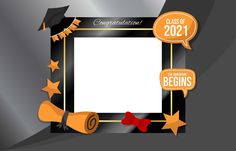 congratulations frame with graduation caps, diplomas and ribbons around the edges on a metallic background