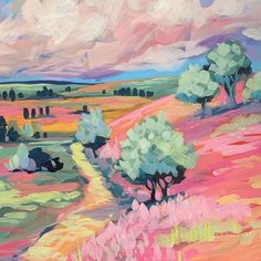 an oil painting of trees on a hill with clouds in the sky and pink flowers