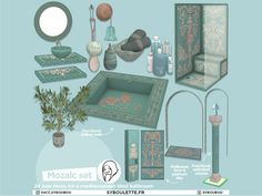 an assortment of bathroom accessories and decor items