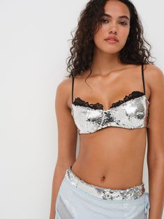 Take the spotlight this sparkle season in the Maia silver braa sequin bra designed to be shown off. Featuring intricate scalloped lace trims along the top edge, this underwire bra can be paired with the Maia High Waist Panty for a co-ord lingerie set. Elegant Silver Underwire Bra, Silver Fitted Bra For Party, Luxury Party Balconette Bra, For Love And Lemons Bra, Contrast Lace Underwire Bra, Silver Bra, Sequin Bra, Wedding Lingerie, Scalloped Lace