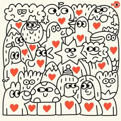 a drawing with many faces and hearts on it