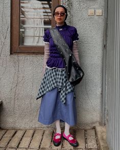 found a bag that can fit my emotional baggage ⭐️👀 outfit deetz top —— @tokodidiyo skirt —— thrifted skirt —— @dickies (thrifted) bag —— @pricklycholla #purpleoutfit #purplejersey #reworkedjersey #smockedjersey #ruchedjersey #outfitrepeater #layeringstyle Emotional Baggage, Purple Outfits, Layered Fashion, A Bag, Purple