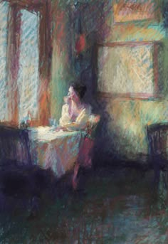 a pastel drawing of a woman sitting at a table in front of a window