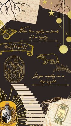 an artistic collage with gold and black items on it's side, including paper