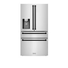 a silver refrigerator freezer sitting next to a white wall with black trimmings