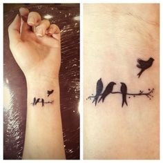 Little Bird Tattoos, Bird Tattoo Wrist, Remembrance Tattoos, Birds On A Branch, Bird Flying, Geniale Tattoos, Family Tattoos, Sister Tattoos, Friend Tattoos