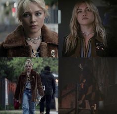 four different pictures of women in jackets and necklaces