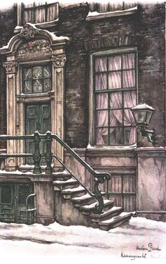 a drawing of stairs leading up to a building in the snow with a clock on it