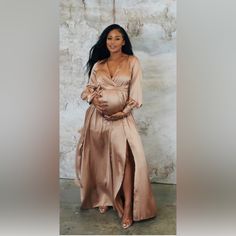 Color Bronze. Brand New! Worn Only Once For Maternity Pictures. Beautiful Dress. Chic Floor-length Satin Gown, Chic Gold Gown For Wedding, Chic Champagne Wedding Gown, Elegant Fitted Maternity Dress For Prom, Chic Fitted Maternity Dress For Party, Elegant Maxi Maternity Dress For Prom, Elegant Formal Maternity Dress For Spring, Elegant Spring Formal Maternity Dress, Chic Gold Wedding Gown