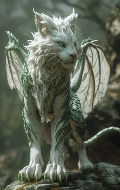 a statue of a white cat with green wings