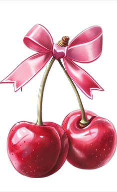 two cherries tied with a pink ribbon and a bow on the end of each one