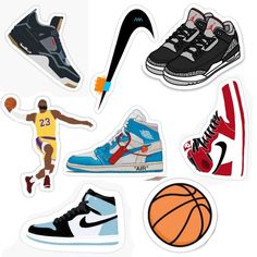 various sports stickers are shown in this image, including shoes and basketballs on the floor