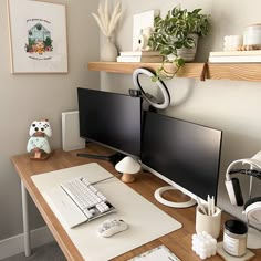 desk set up neutral earth toned white gaming room stardew valley monitor pc girl gamer cozy room shelf plants xbox switch Light Neutral Aesthetic, Aesthetic Workspace, Radna Soba, Switch Aesthetic, Desk Organisation, Controller Stand, Desk Aesthetic, Cozy Gaming