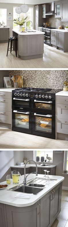 three different pictures of a kitchen with an island and stove top ovens in it