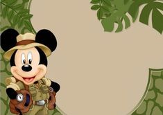 a mickey mouse with a hat and uniform holding a teddy bear in front of a jungle background