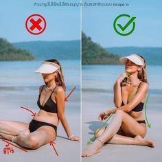 two pictures of a woman sitting on the beach wearing a visor and holding an umbrella