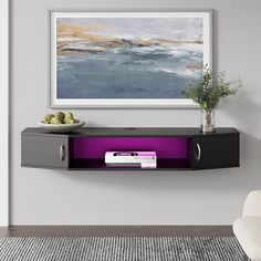 a wall mounted shelf with an entertainment center