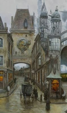 a painting of an old city street with people walking and horse drawn carriages in the rain